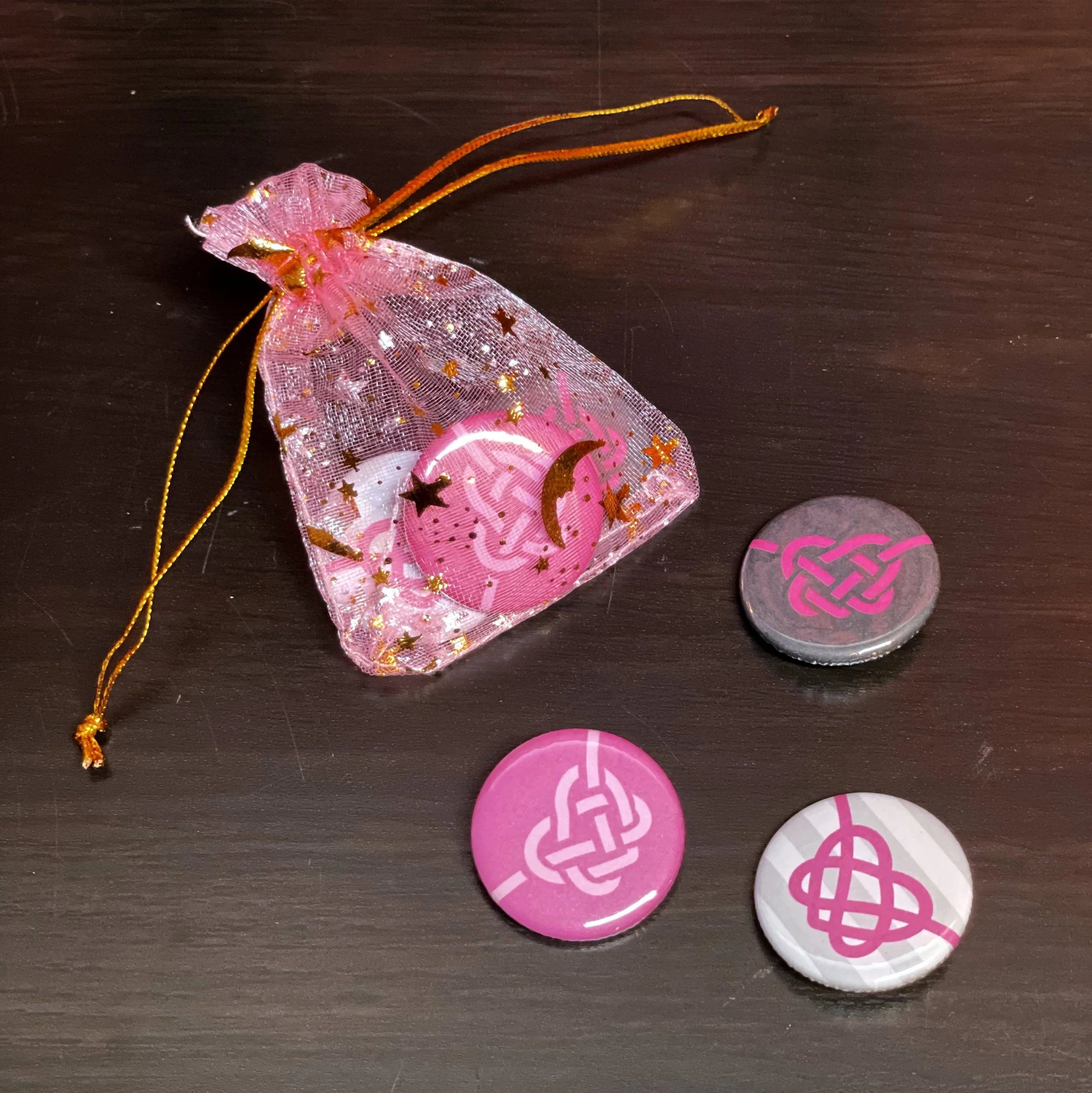 Heart Knot Pinback Buttons - 1.25” Cute Pink, Black, and Grey Stripes Badges