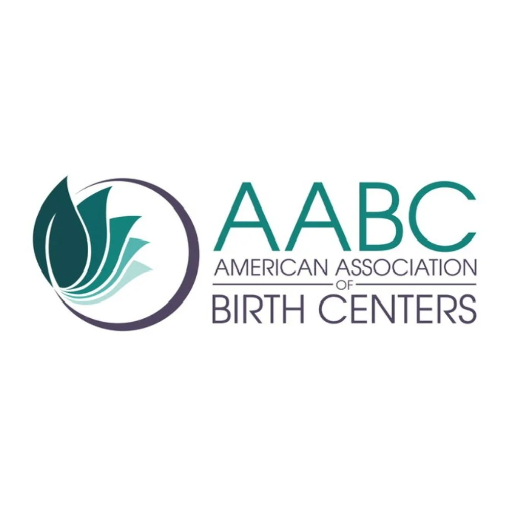 Logo of the American Association of Birth Centers with stylized leaves in a circle next to the organization's name.