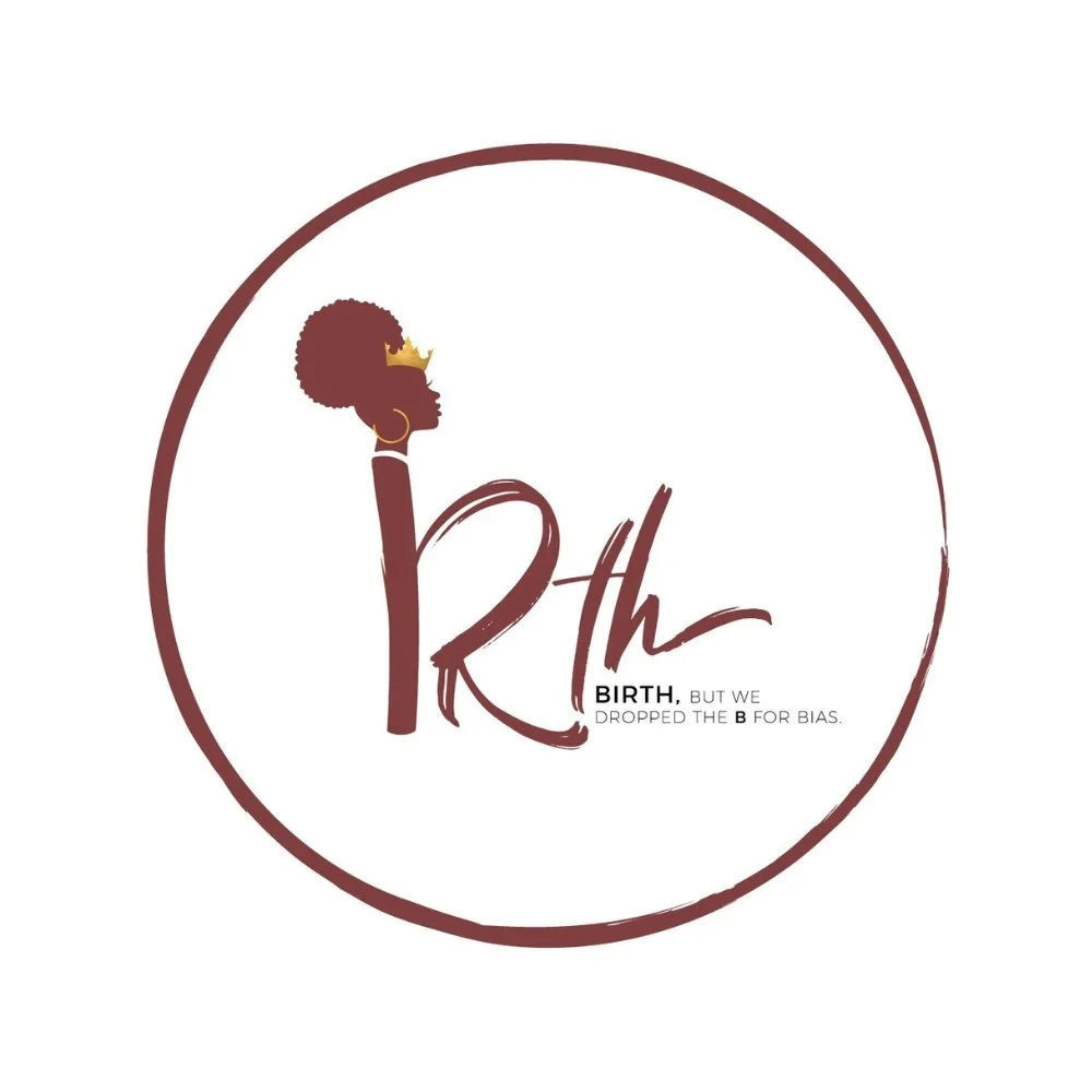 Logo featuring a silhouette of a woman with an afro hairstyle, wearing a crown and jewelry, with the text 'Rh' and a quote about bias in birth.