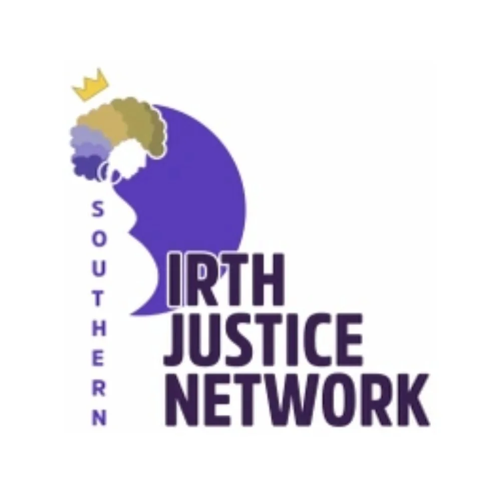 Logo of the Southern Earth Justice Network with purple and yellow colors, featuring a silhouette of a person's profile with a crown above their head and a colorful afro hairstyle.