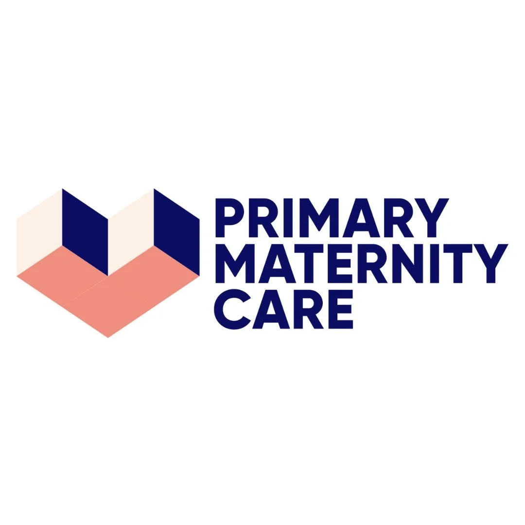 Logo for Primary Maternity Care featuring a stylized heart made of three geometric shapes in navy blue, light pink, and cream, with the words 'Primary Maternity Care' in bold navy blue text.