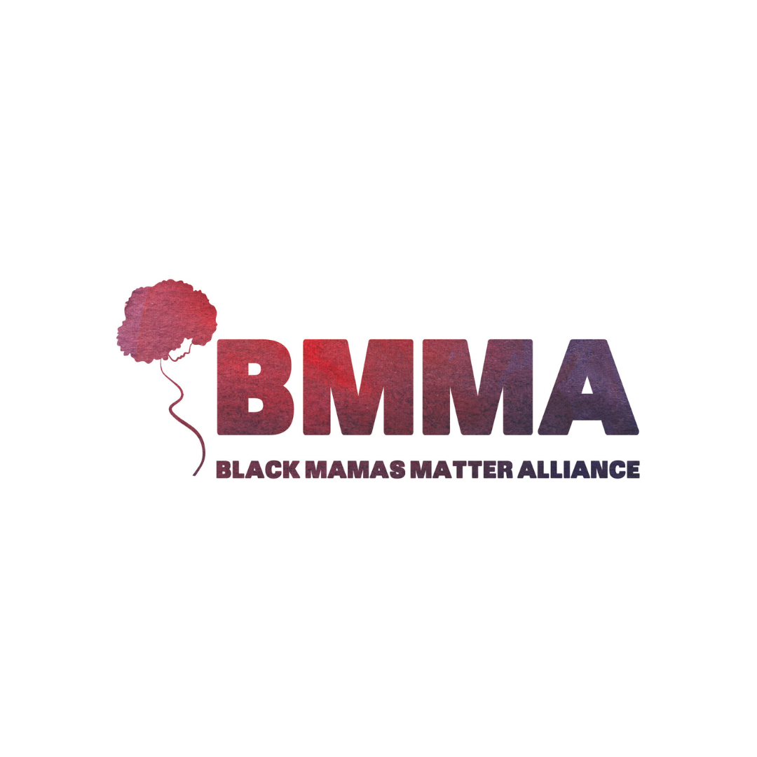 Logo for Black Mamas Matter Alliance with large red and purple gradient acronym BMMA and a silhouette of a woman's afro hairstyle on the left.