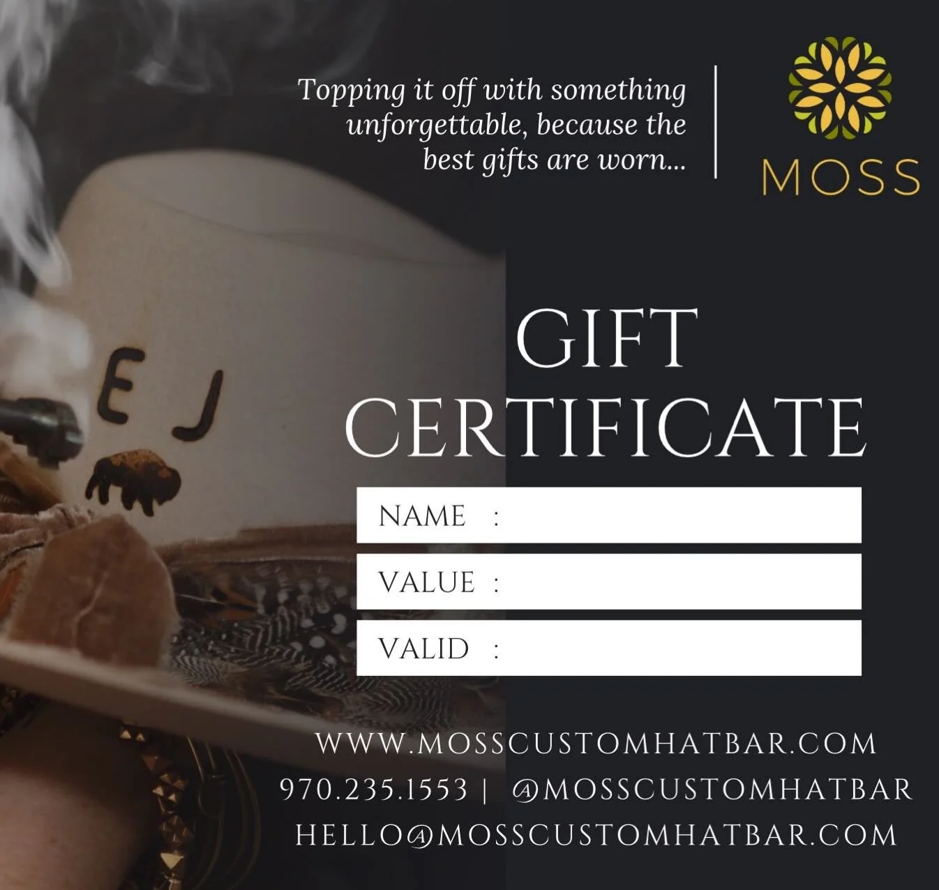 ✨FLASH SALE!!!✨BUY MORE, GET MORE!

Buy $100, get a $15 bonus.
Buy $200, get a $25 bonus.
Buy $300, get a $50 bonus. 

Now through December 23, stuff your stockings with our gift certificates! They can be used toward our signature hat bar experiences