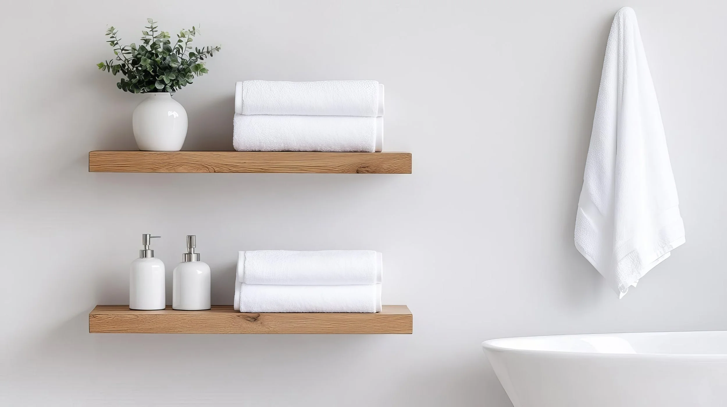 Minimalist bathroom with two floating wood shelves holding rolled white towels, soap dispensers, and a small potted plant, next to a white towel hanging on the wall above a modern freestanding bathtub.
