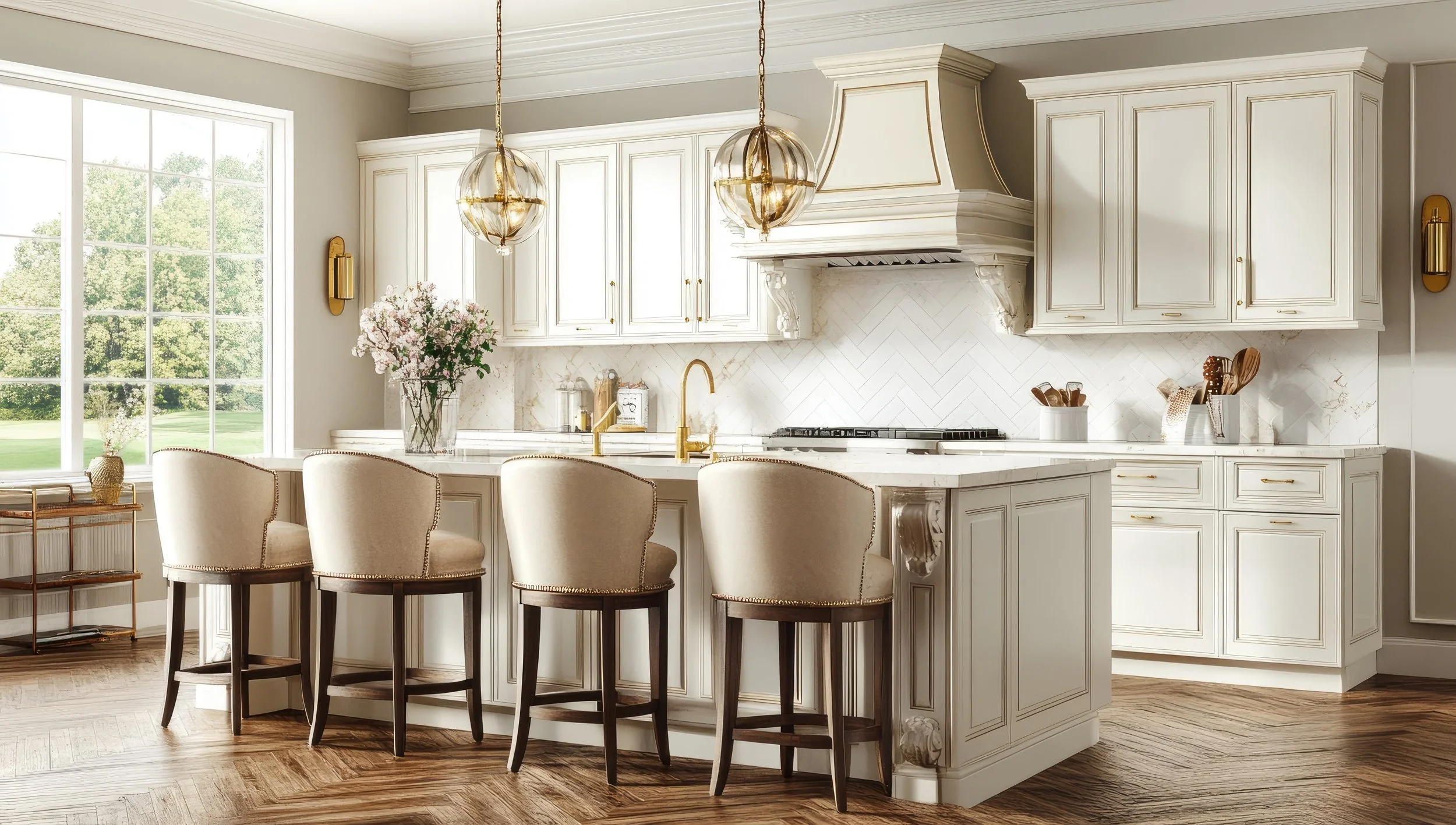 Elegant custom kitchen with cream inset cabinetry, gold hardware, marble countertops, and a large central island with upholstered bar stools under globe pendant lighting.