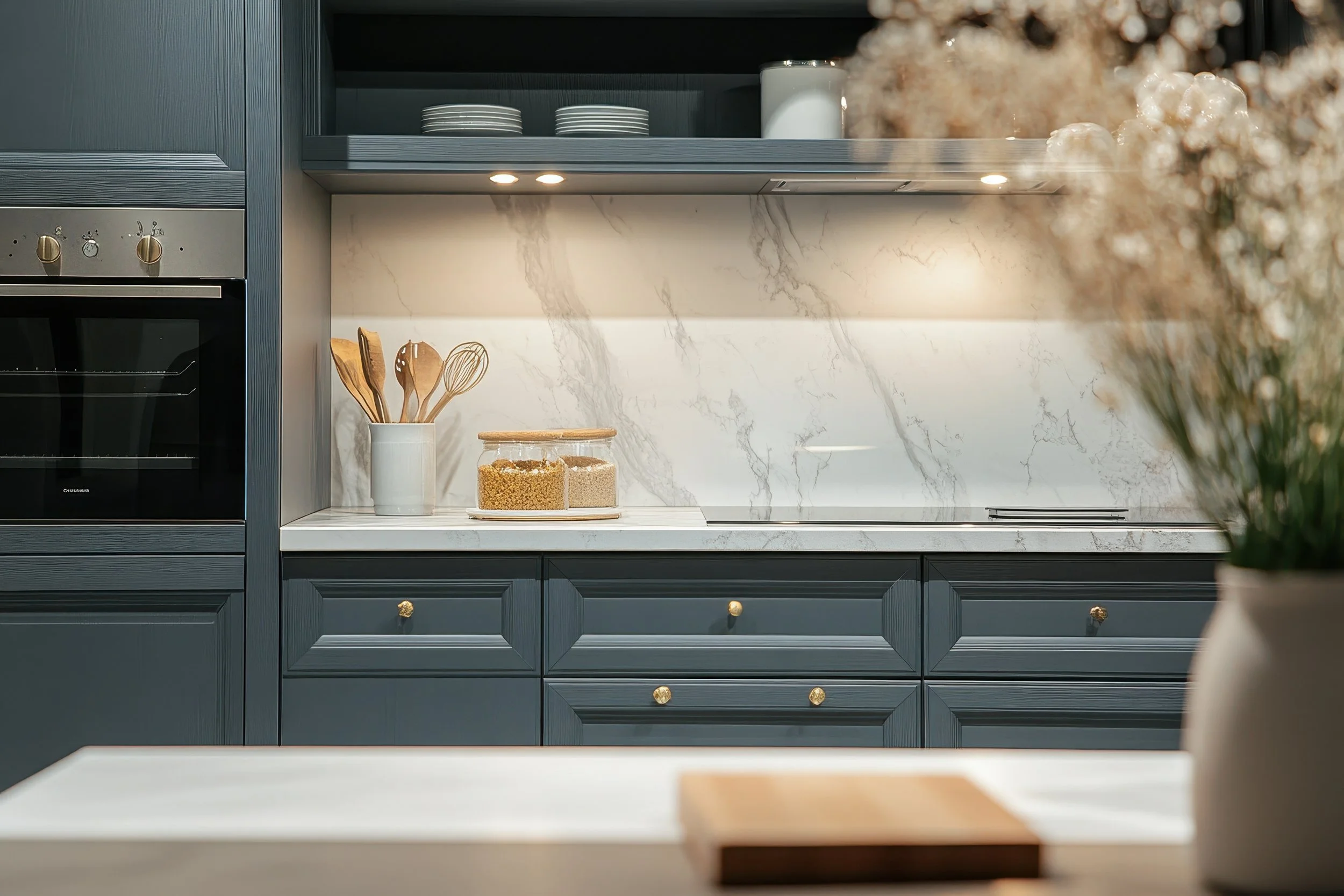 Modern kitchen with navy blue shaker-style cabinetry, gold knobs, white marble countertops and backsplash, and under-cabinet lighting, with cooking utensils and dry goods in glass jars.