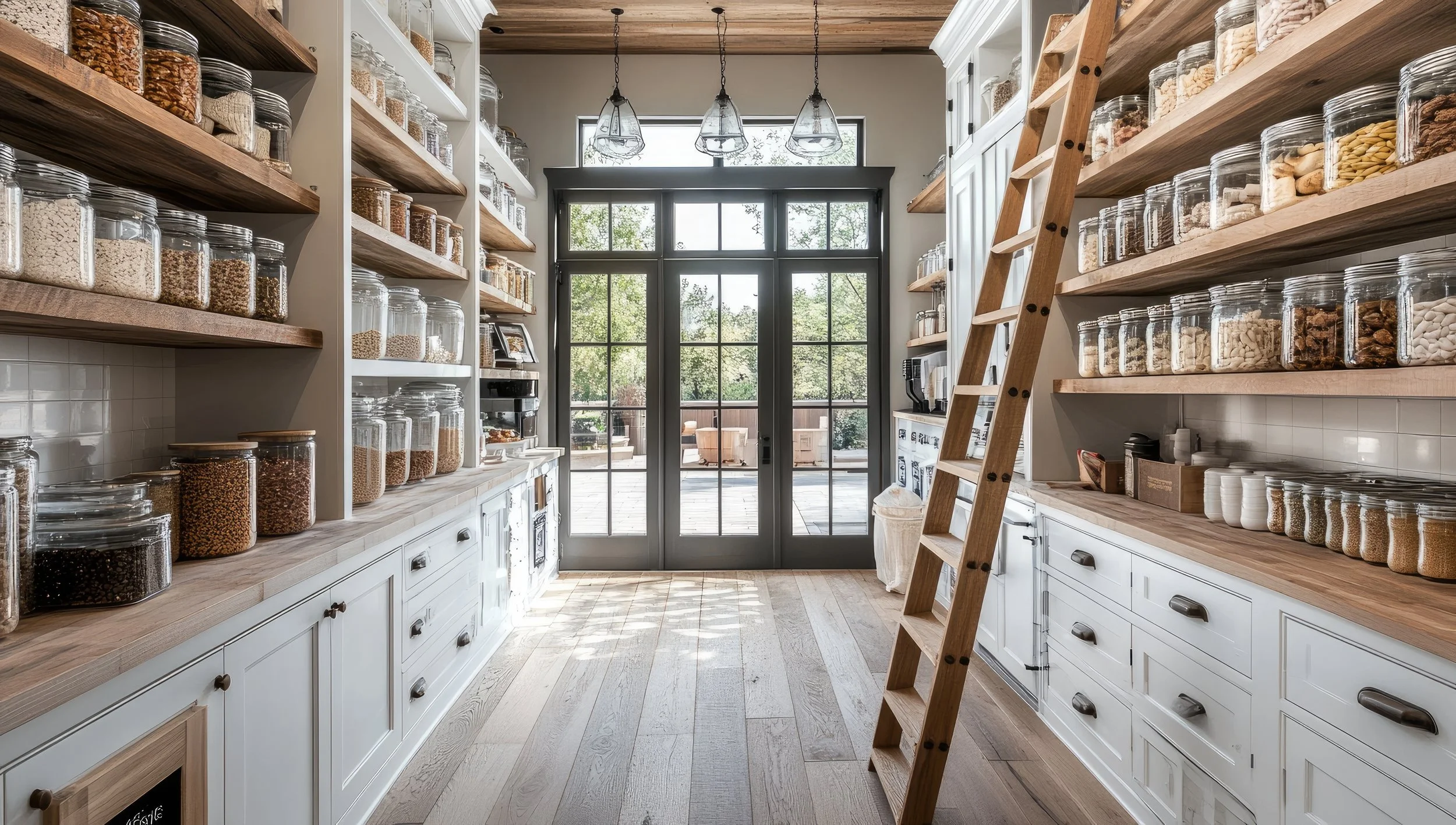 Bright and spacious custom walk-in pantry with floor-to-ceiling open shelving, glass storage jars, white cabinetry, and a rolling ladder beneath a wood-paneled ceiling.