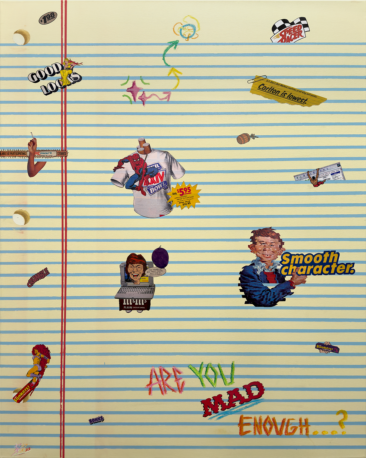 A collage on a lined notebook paper background features various stickers and drawings, including a Spider-Man sticker on a T-shirt, a smiling boy with the text "smooth character," a laptop sticker with a woman’s face, phrases like "Good Looks," "Are 