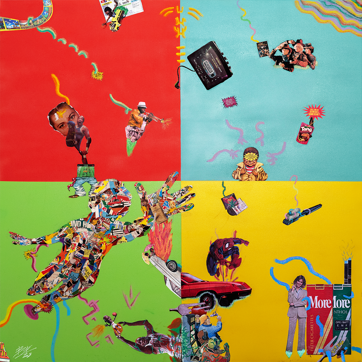 A collage divided into four colorful quadrants with a mix of cut-out images and drawings. The top left features a woman’s face, a man shooting a gun, and a foot with a collage of magazines. The top right shows a group of three people, a tape recorder