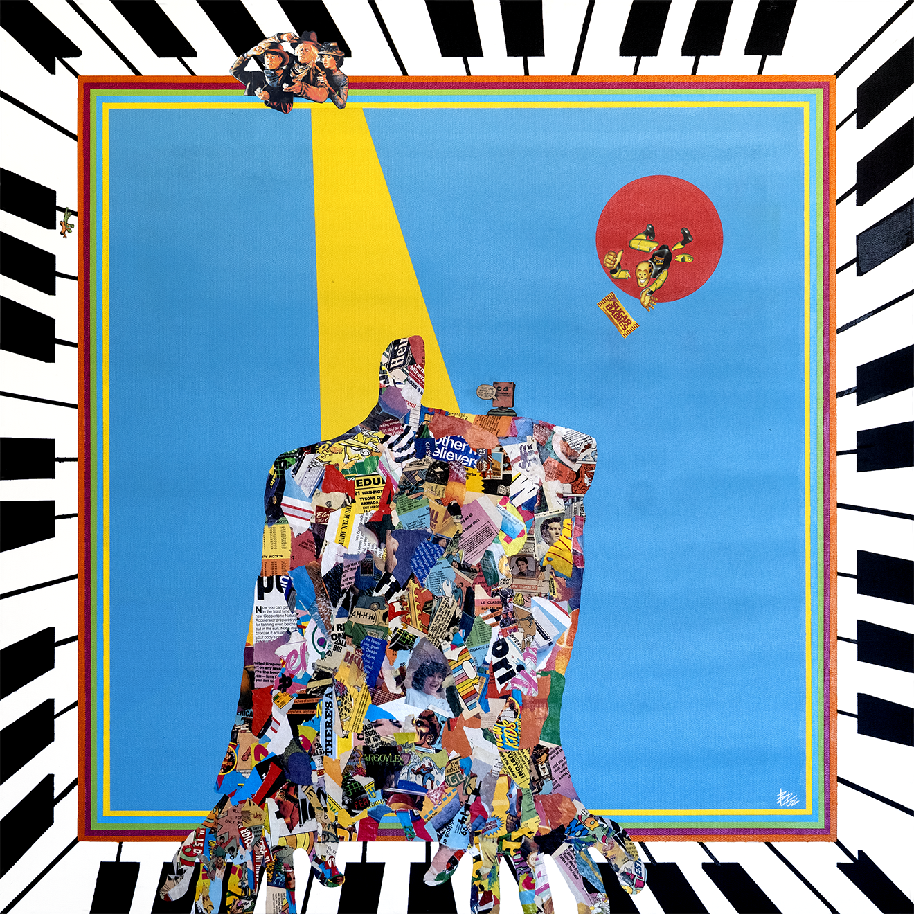 Collage art of a person in a pose resembling Rodin's "The Thinker," made from torn magazine and newspaper clippings with a light blue background, a red circle with a cartoon skeleton skating, and a border of colorful stripes, surrounded by black and 