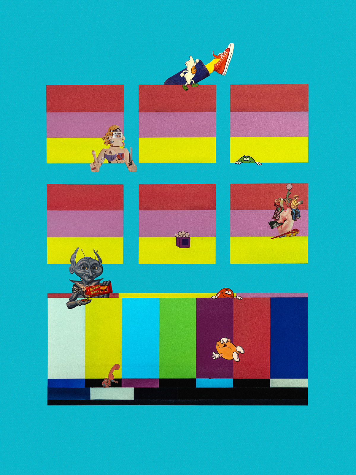 A digital collage of various characters and images arranged on a blue background. The collage includes colorful squares and rectangles with animated characters, including a figure with a dog head, a person with roller skates, and several cartoon-like