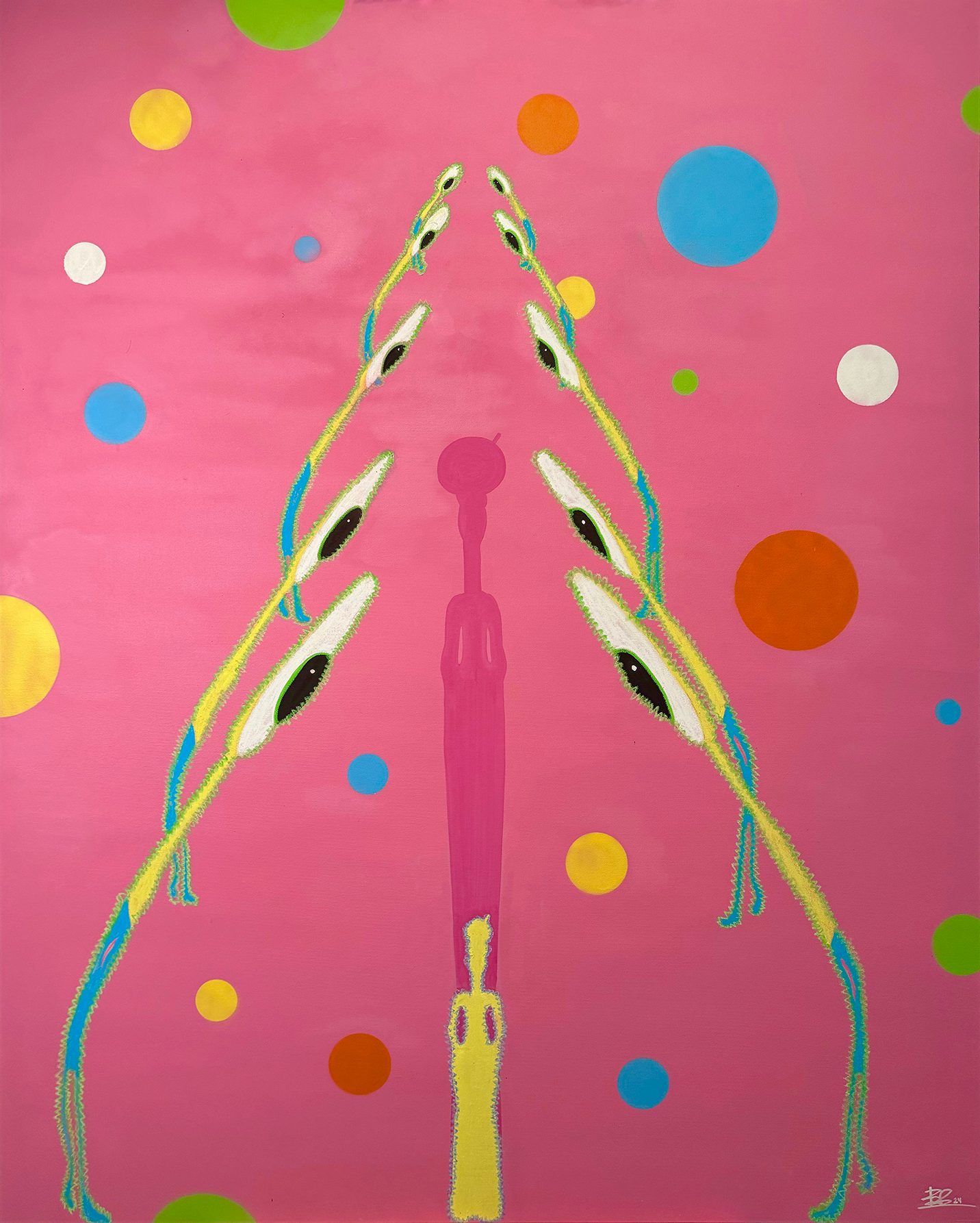 An abstract artwork featuring a stylized, elongated pink and yellow giraffe-like figure with multiple eyes along its neck and head, set against a pink background with multicolored polka dots.
