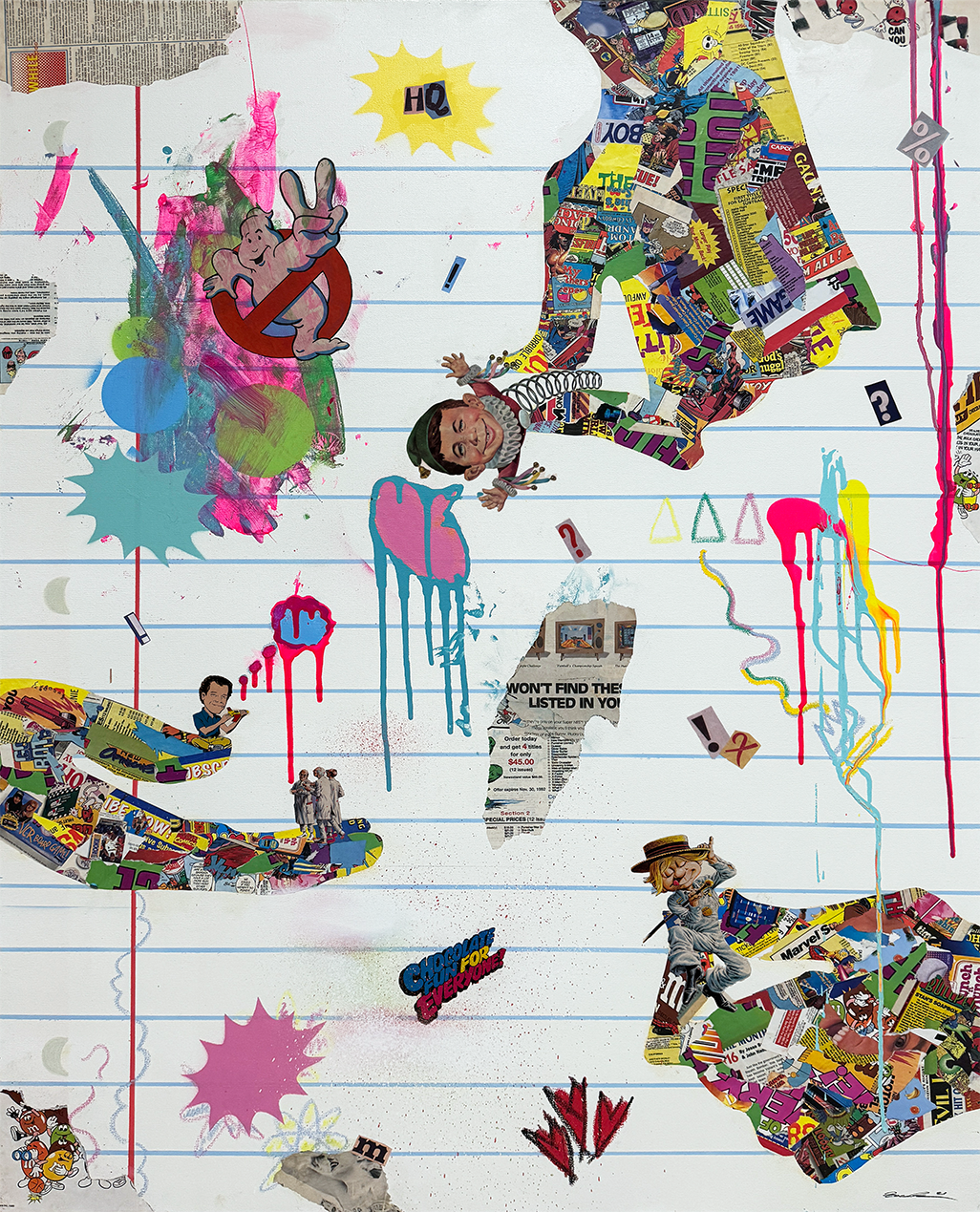 Collage of colorful magazines, stickers, and drawings on notebook paper, featuring cartoon characters, comic book elements, doodles, and graffiti-style art.