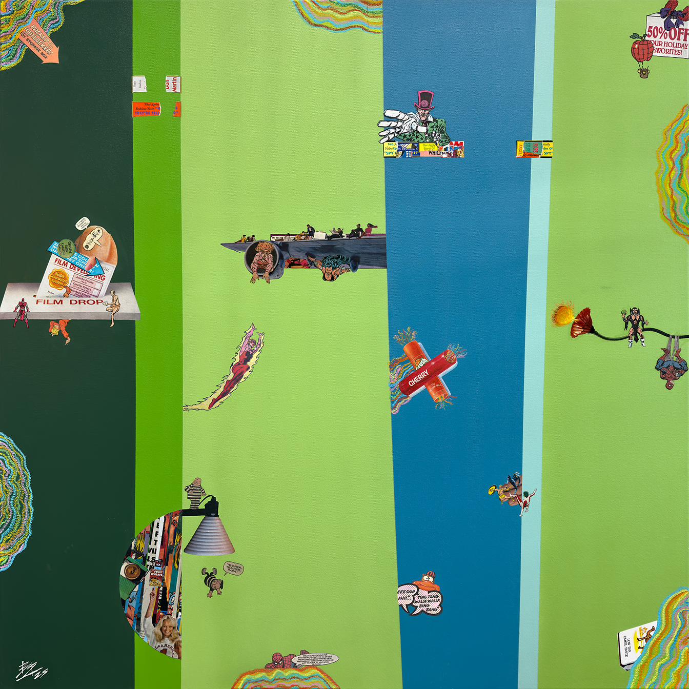 Colorful collage with various comic-style characters and objects on green, blue, and black backgrounds, including a ship with animals, a superhero, a rocket labeled 'CHERRY,' and cartoon figures, among other quirky illustrations.