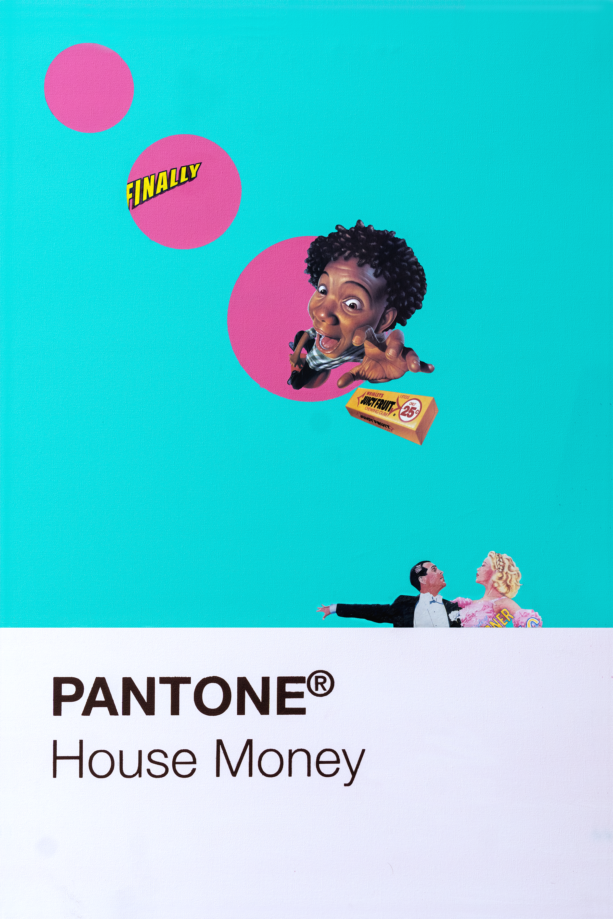 A colorful collage featuring a large animated head of a woman reaching out, floating above two small figures in formal attire, with pink bubbles, one showing the word 'FINALLY' and another with a candy bar labeled 'Juicy Fruit'. The bottom of the image has a white section with the text 'PANTONE House Money'.