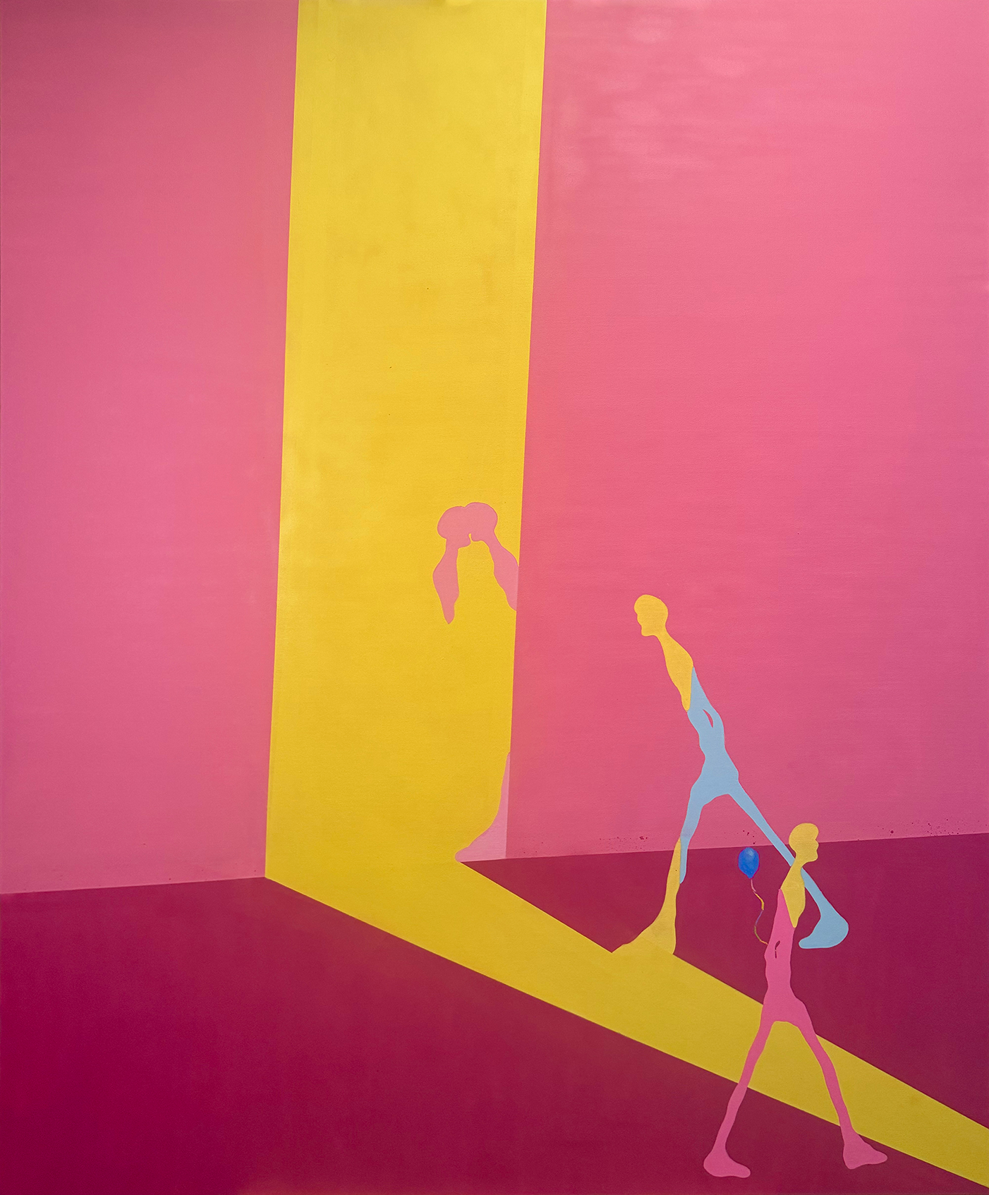 Abstract painting featuring silhouettes of people in pastel colors, with a yellow wall casting a shadow on a pink and purple background.