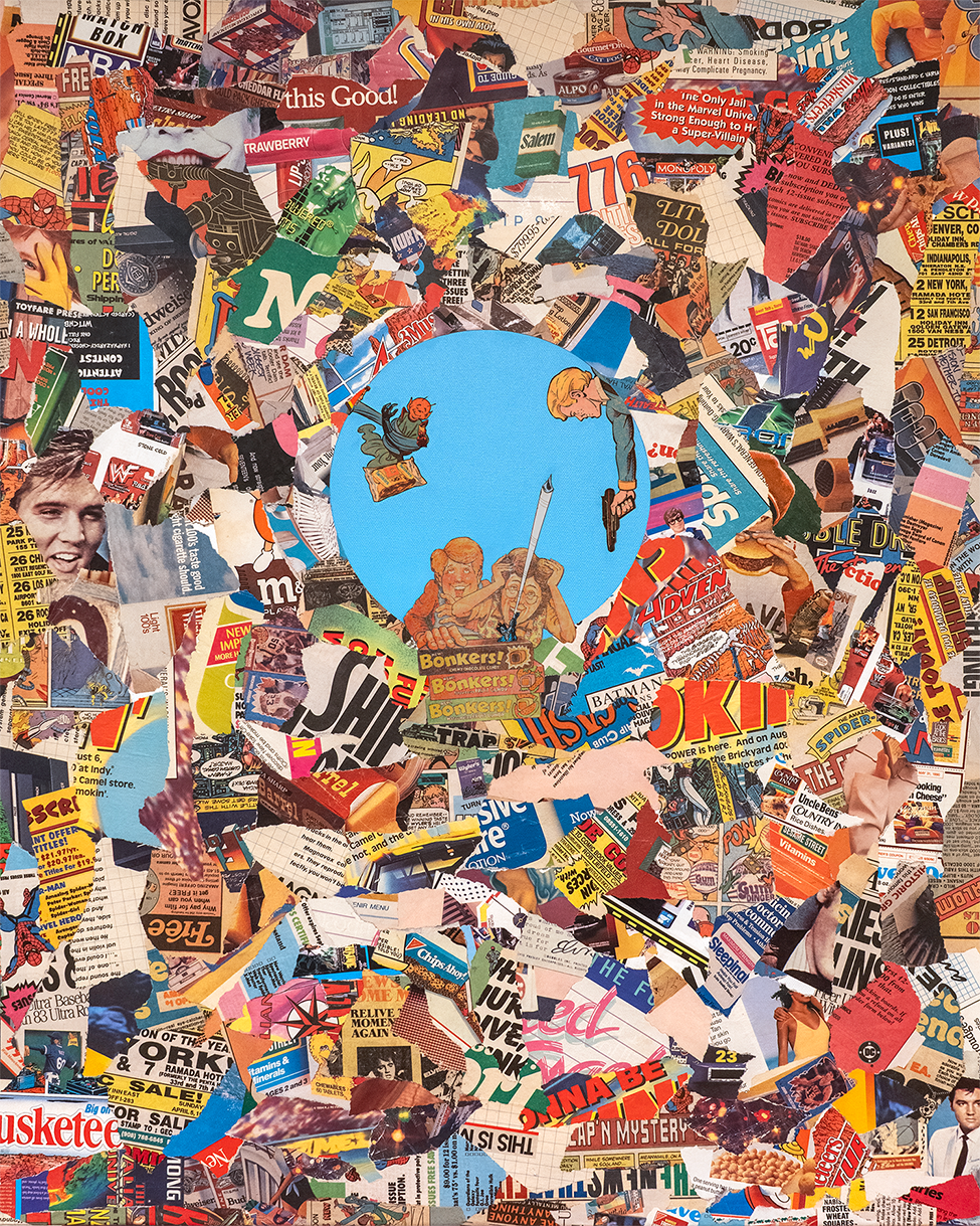 A collage made of various magazine and comic book cutouts, with a central image of a blue circle featuring three vintage-style children; one reading a book, one holding a gun, and one with a toy gun, surrounded by a chaotic mix of colorful advertisem