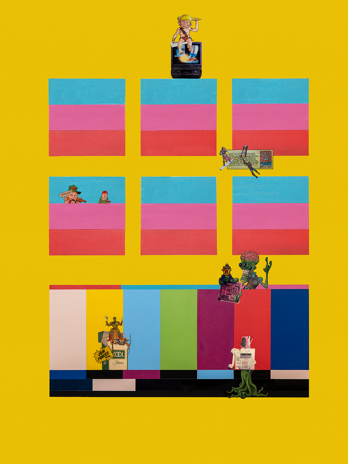 Colorful pop art collage with television screens, characters, and objects on a yellow background.