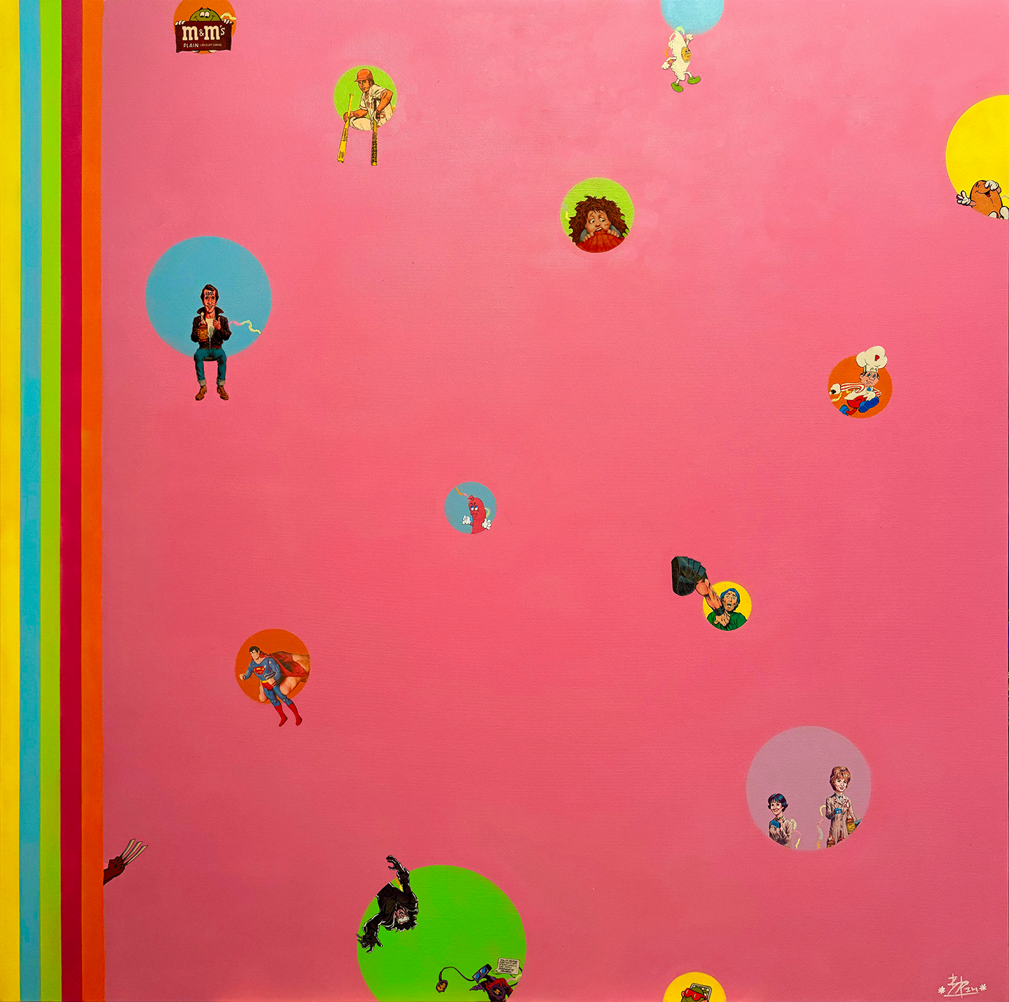 Colorful pink wall decorated with stickers of various cartoon and superhero characters, some in circular bubbles, with a vertical stripe pattern on the left edge.