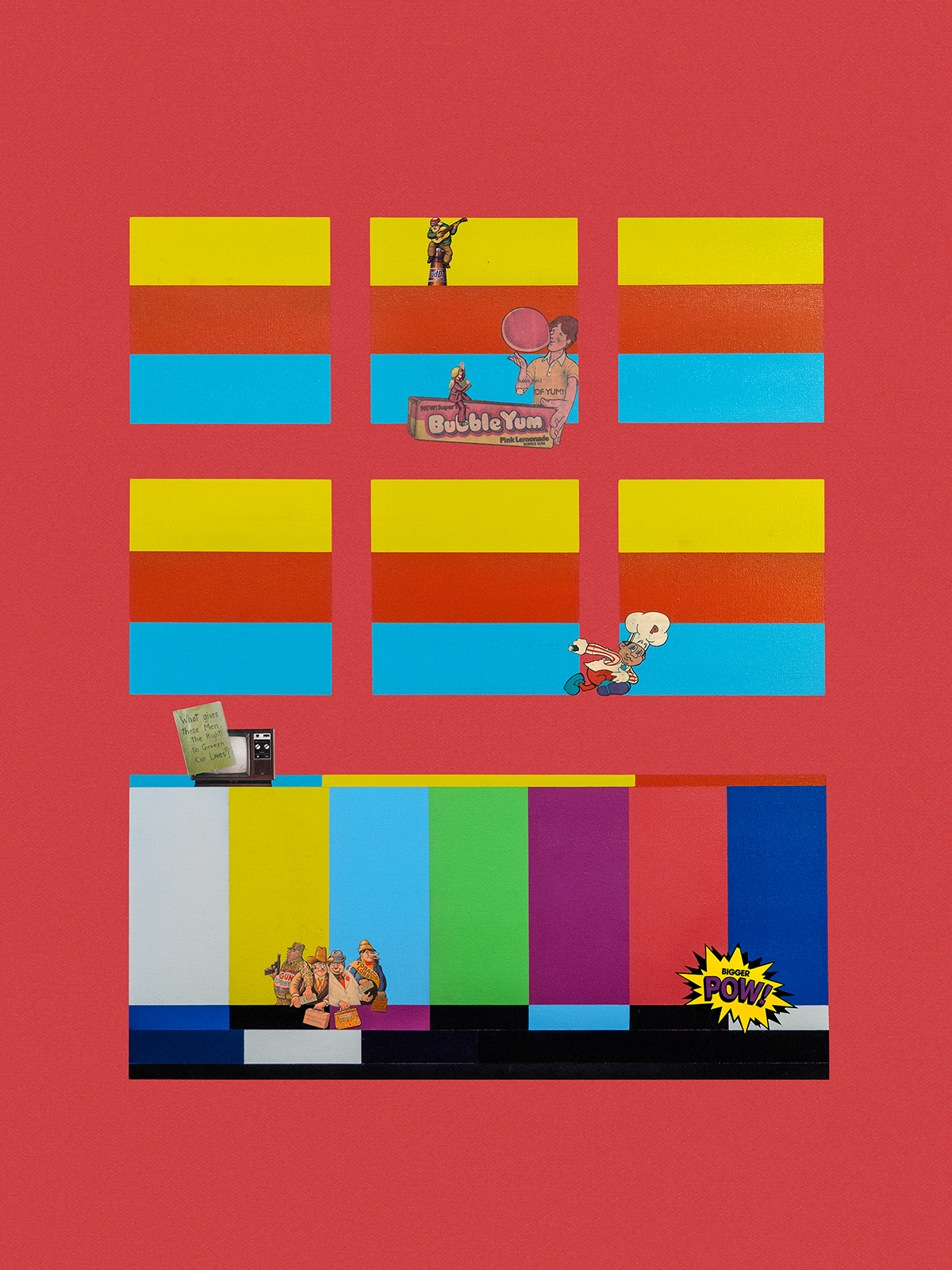 Colorful television test pattern with cartoonish characters and props on a red background.
