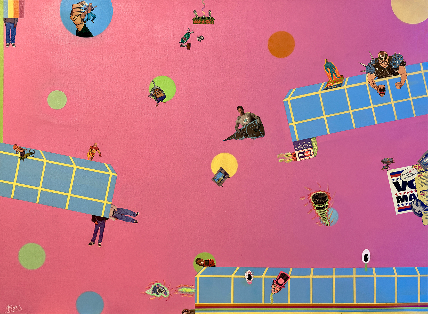 Pop art collage with floating cartoon characters, vintage toys, and advertisements on a pink background with colorful circles.