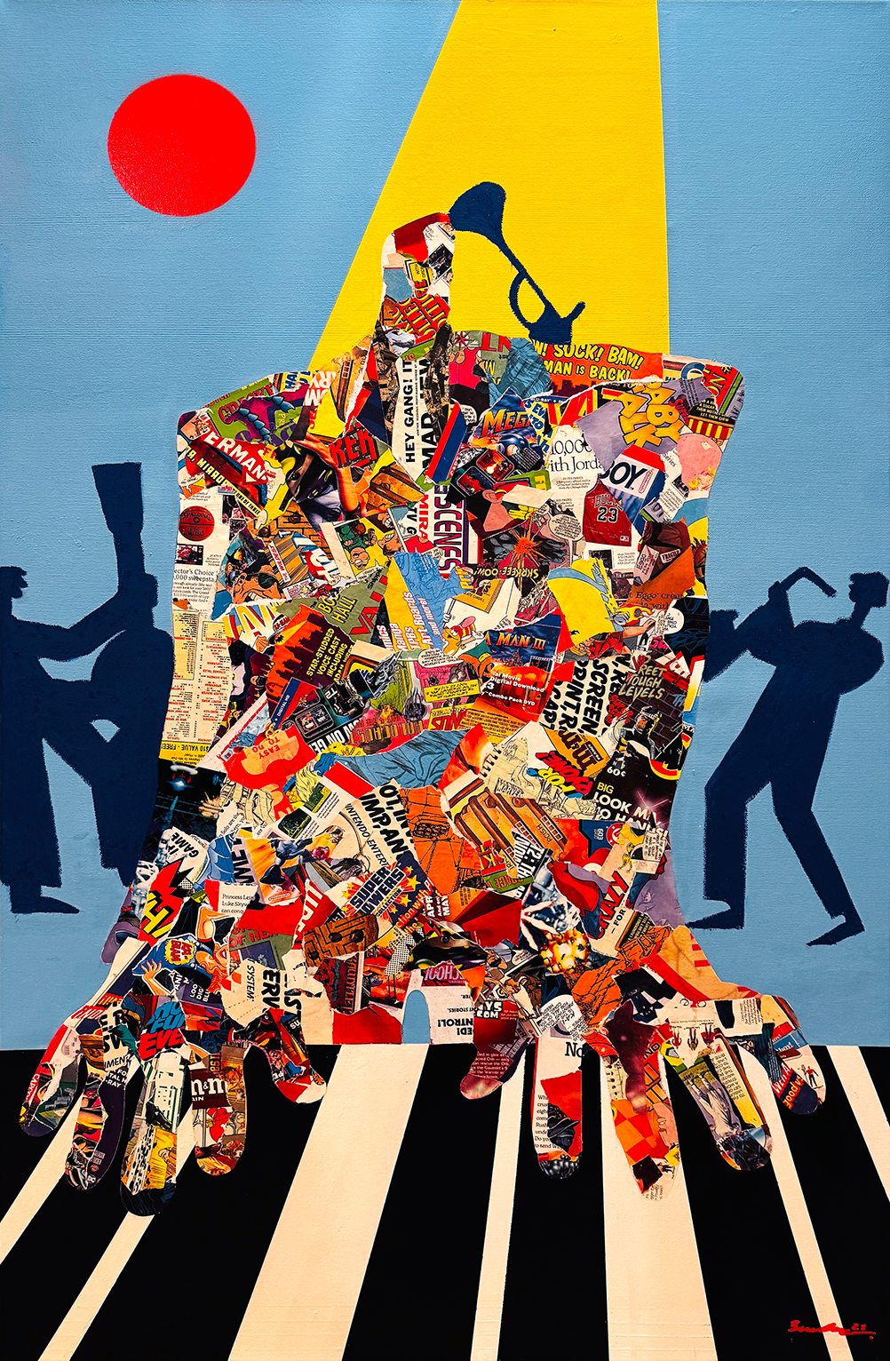 Collage art depicting a person sitting on a chair, reading a newspaper, made from cut-out magazine or comic book pieces, with a blue background, a red sun, and two silhouettes of dancers in the shadows.