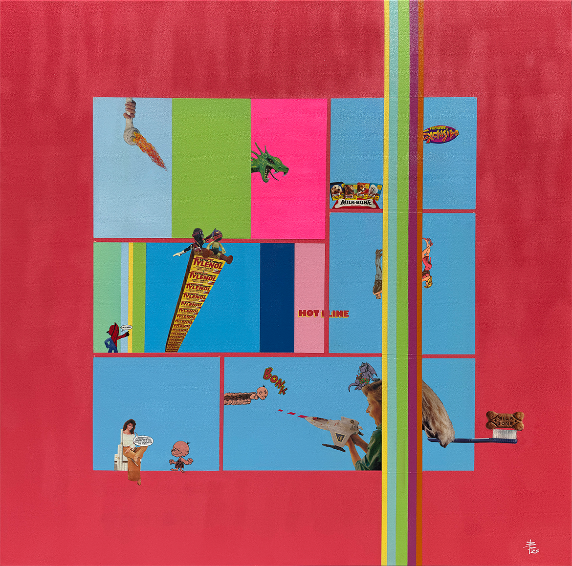 A collage with colorful squares and rectangles over a red background, featuring cut-out images of people, cartoon characters, a dinosaur, and various objects like a rocket, a pilot, and food items, arranged in a playful and chaotic layout.