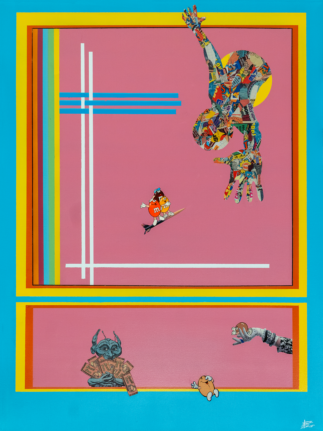 A colorful mural featuring animated characters including a large hand composed of collage, a small character flying on a broomstick, a creature with a blue face holding money, and various other imaginative figures on a pink background, bordered by bl