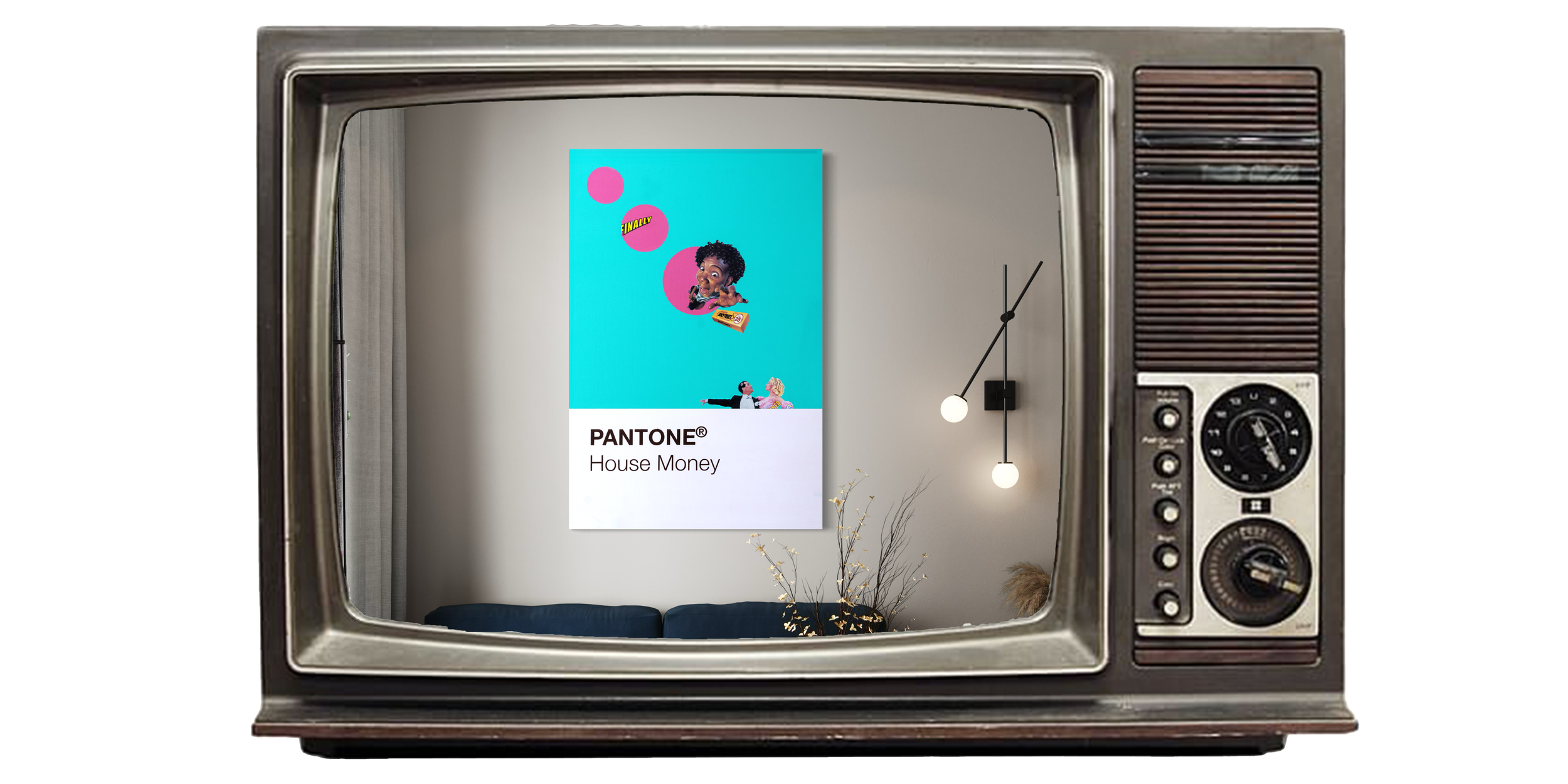 A vintage television displaying a vibrant, modern interior with a large colorful poster that reads 'PANTONE House Money', featuring graphics and illustrations of children jumping and floating pink spheres with the word 'finally' on one. The room has beige walls, modern hanging light fixtures, a dark sofa, and a decorative plant.