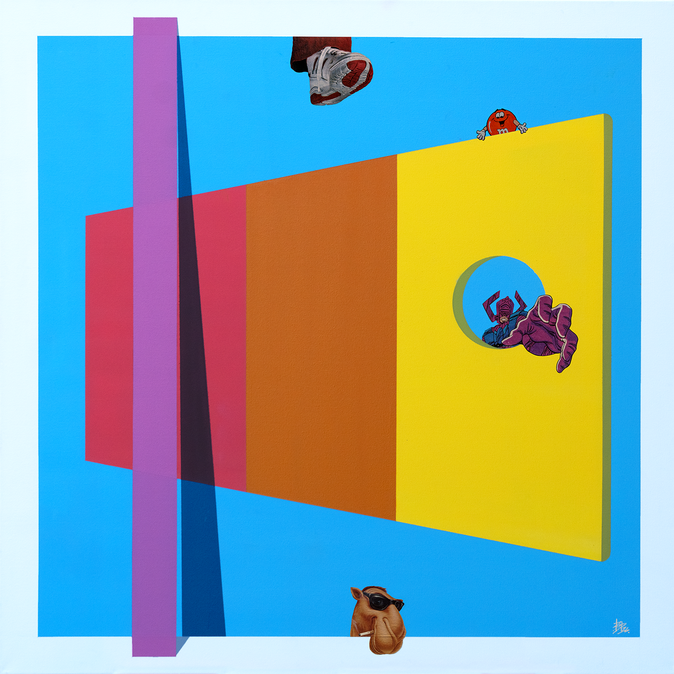 Colorful abstract artwork featuring cartoon characters and objects, including a horse with sunglasses at the bottom, a clown inside a yellow circle, and a red cartoon character at the top, against a vibrant blue background.
