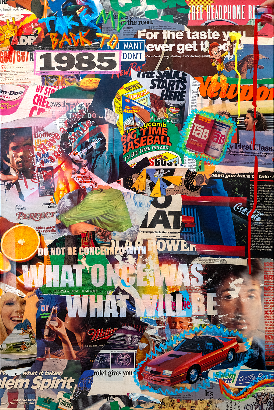 Collage of various magazine clippings, advertisements, and images including a red sports car, a woman with a camera, a cartoon character, soda cans, a baseball, oranges, and text such as 'WHAT ONCE WAS, WHAT WILL BE', 'NEW', and 'AMERICAN SPIRIT'.