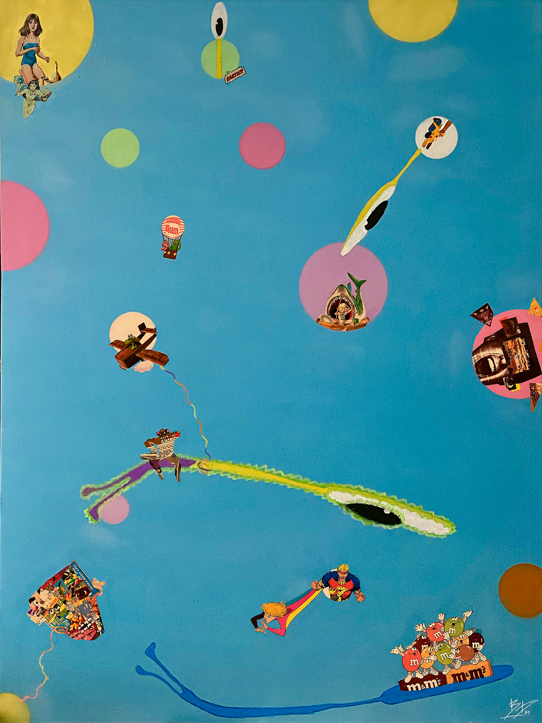 A colorful collage with cartoon characters, M&M's, and abstract shapes on a blue background.