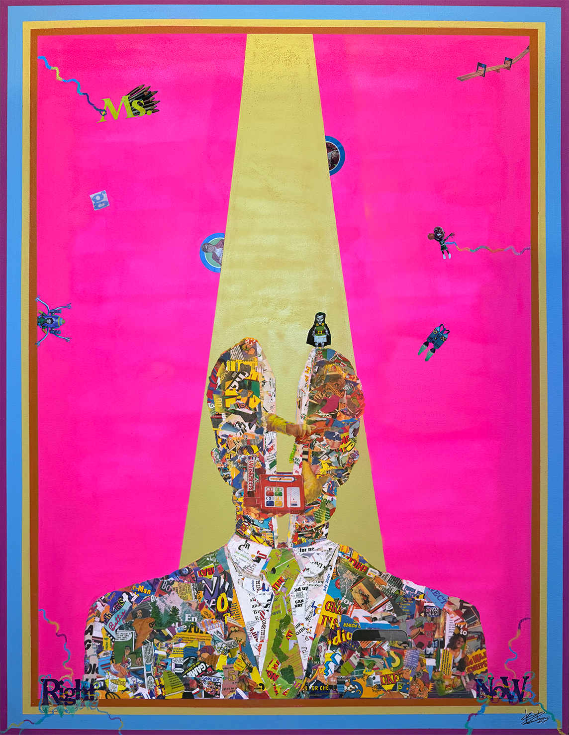 A collage portrait of a person with a pink background, made from various magazine clippings and illustrations. The person is dressed in a suit and tie, with a yellow spotlight shining on them. There are comic book characters and other small figures f