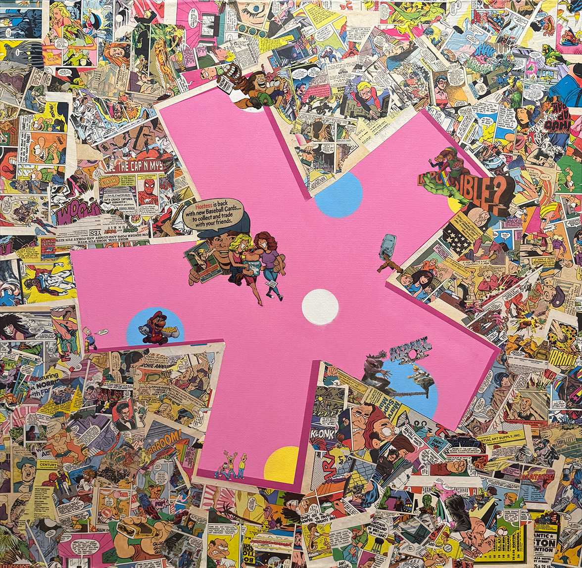 A collage of vintage comic book pages arranged in a circle with a large pink 'X' shape overlay in the center, featuring various comic characters and speech bubbles.