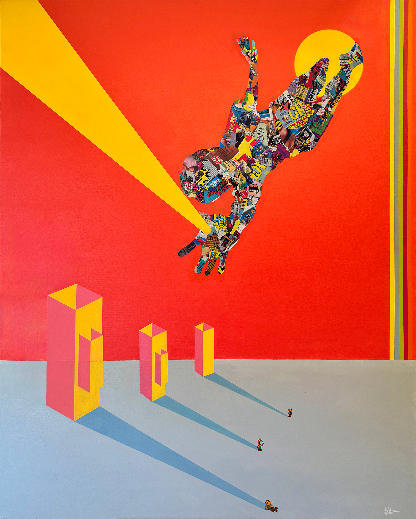 A collage of a hand reaching for the sun, composed of comic book clippings, against a red background with a yellow streak. Below, three colorful geometric blocks cast long shadows, with tiny figures standing beside them.