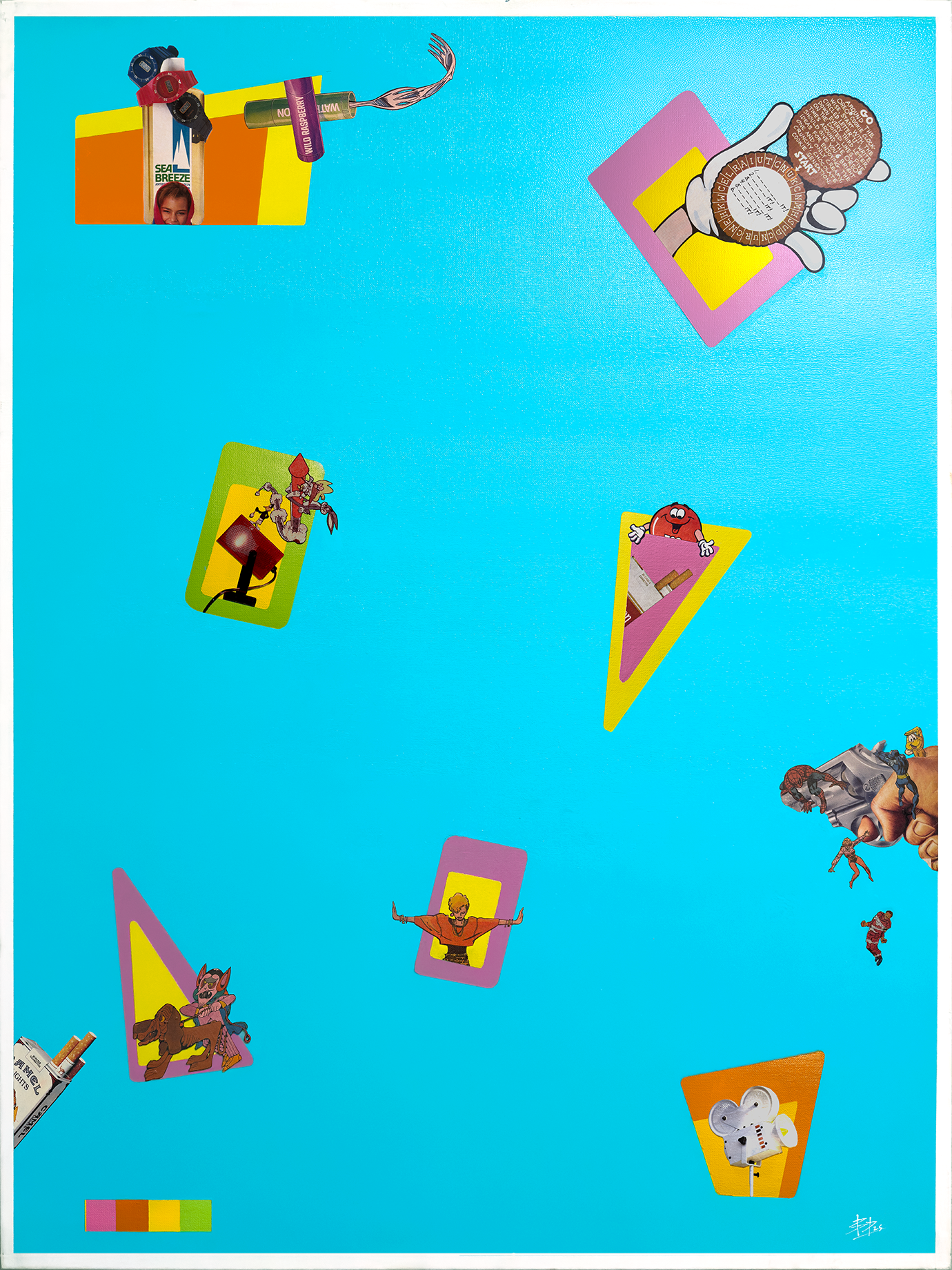 Collage of colorful cartoon stickers on a blue background, including characters, items, and objects from various themes and pop culture references.