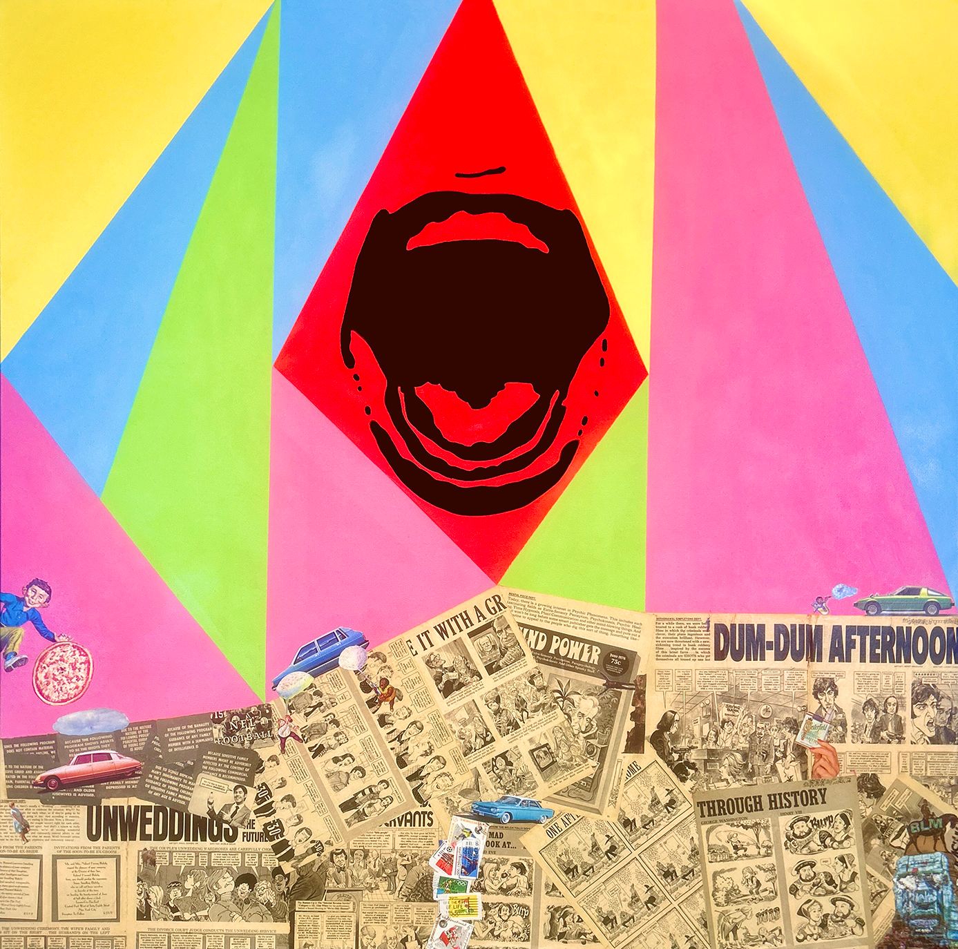 Mixed media artwork featuring a large colorful geometric background with newspaper collages at the bottom, and a stylized face outline in black and red at the center.