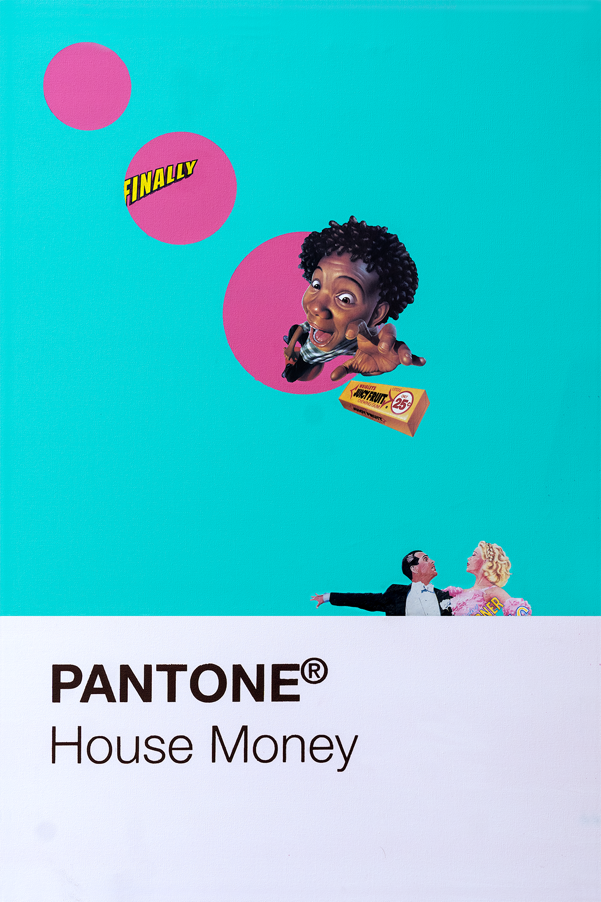 A vibrant advertisement featuring a woman and a man in a romantic pose at the bottom, with pink bubbles above them. The largest pink bubble contains a comical character with curly hair, reaching out and smiling, and is accompanied by a candy bar labe