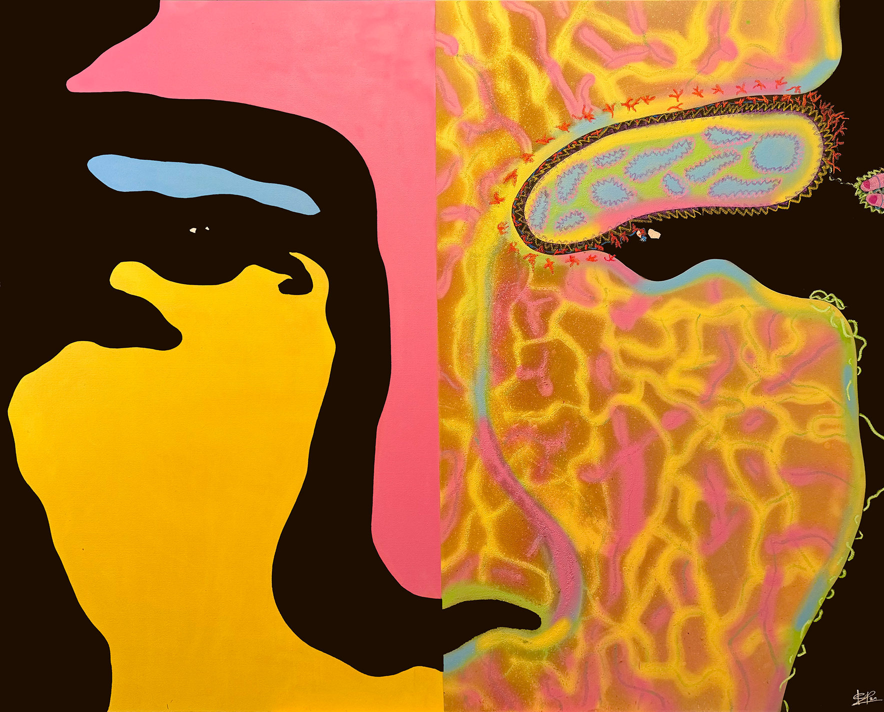 A digital artwork split into two halves. The left half features a stylized silhouette of a person's face in black with bold yellow, pink, blue, and white accents. The person is holding their hand to their face with their index finger near their lips.