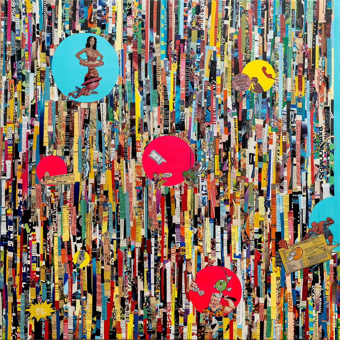 Collage of colorful strips of paper with superhero and comic book character stickers and illustrations, creating an abstract mosaic.