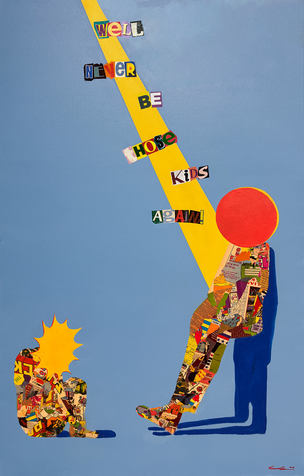 A collage art piece depicting a figure with a red round head and a body made of magazine clippings, sitting on the ground. The figure is pointing with its foot at a small creature made of magazine pieces. Above the scene, colorful cut-out letters spe