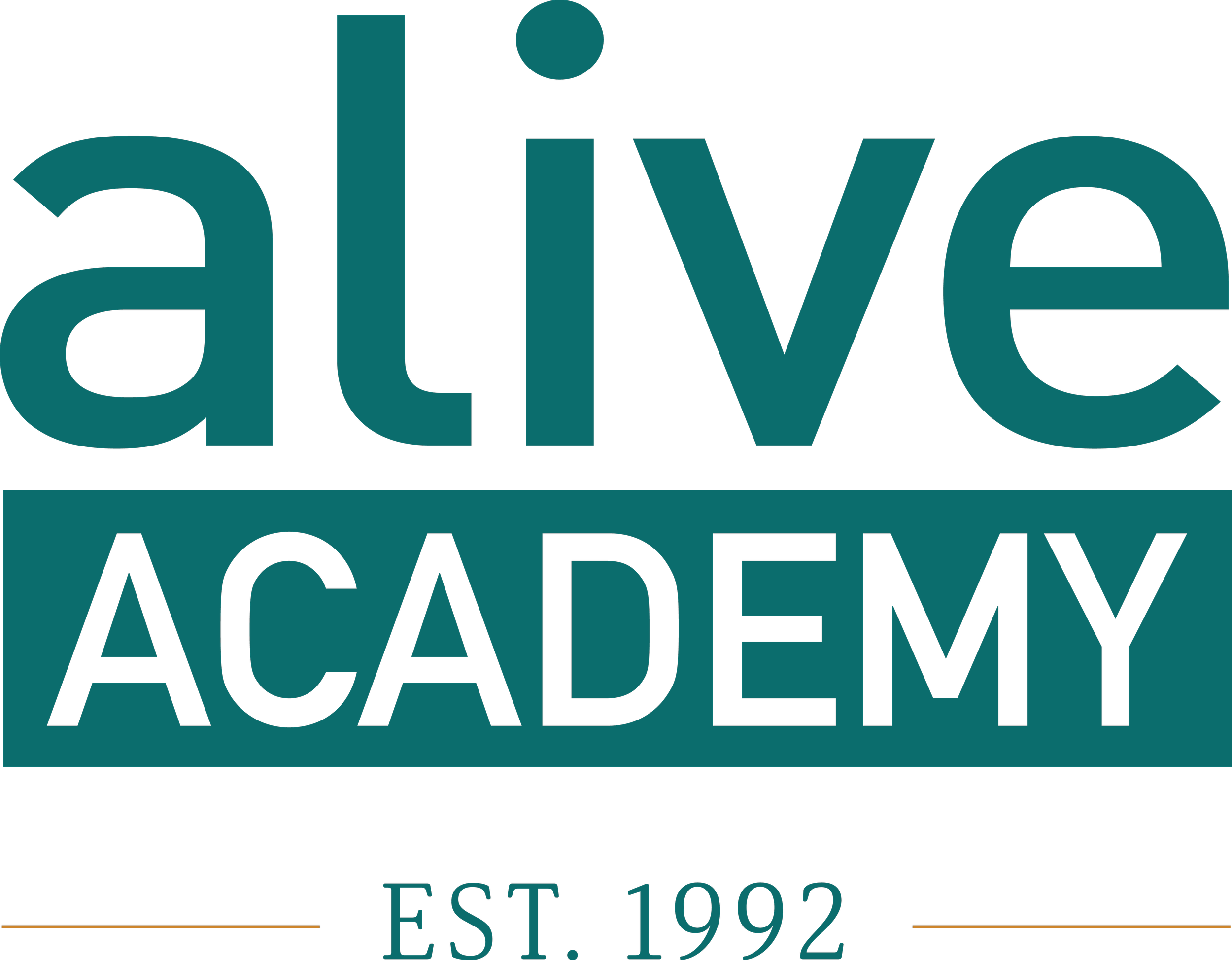 Logo of Alive Academy, established in 1992, with the word 'alive' in large teal letters and 'ACADEMY' in black beneath it, on a black background.