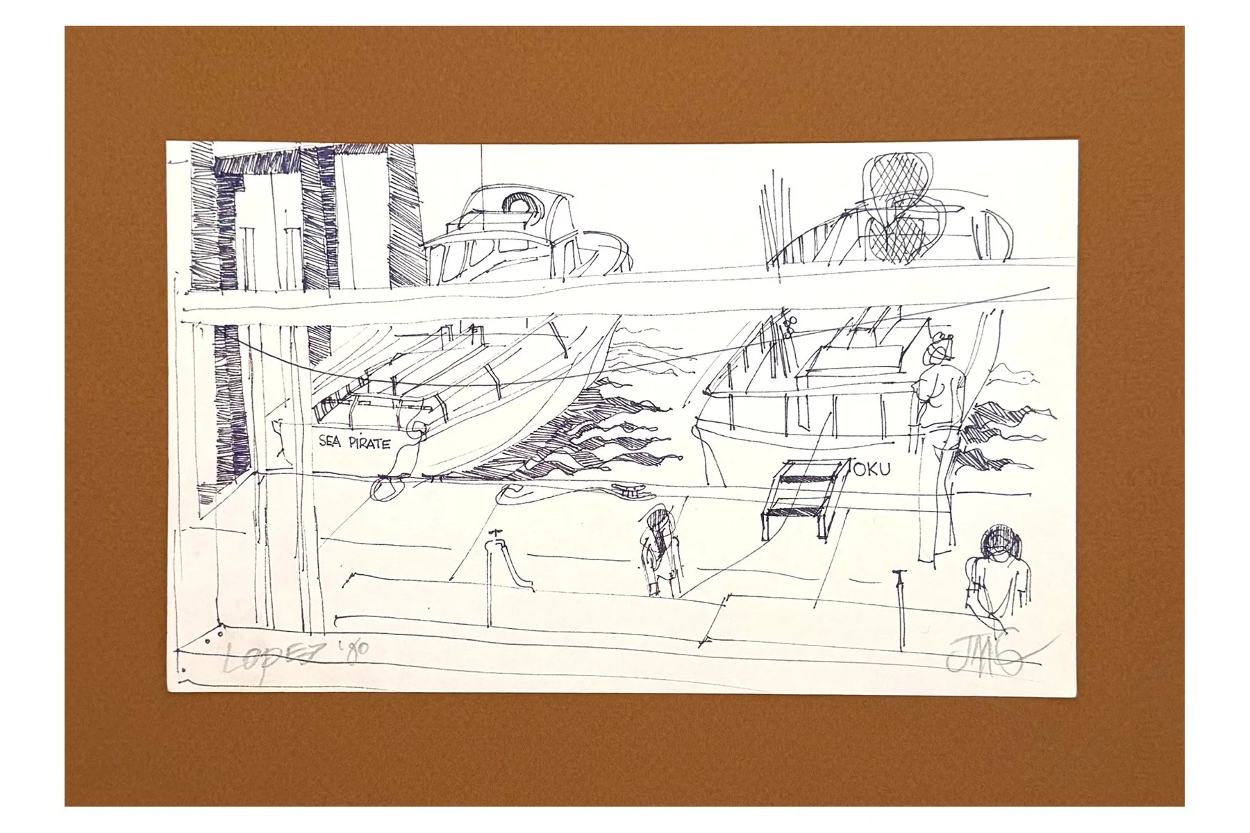 A pen and ink painting of a marina scene with boats, building outlines, and a person standing on the dock.