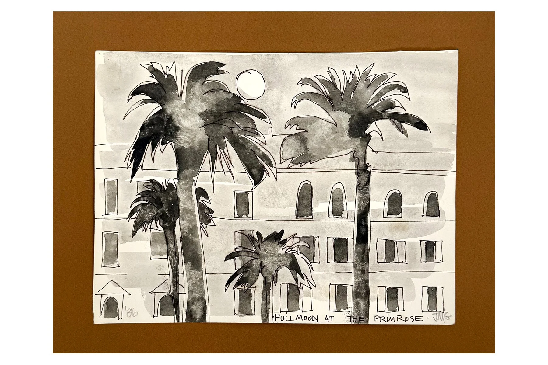 A pen and ink painting of palm trees in front of a building with arched windows, with a full moon in the sky and a horizon line.