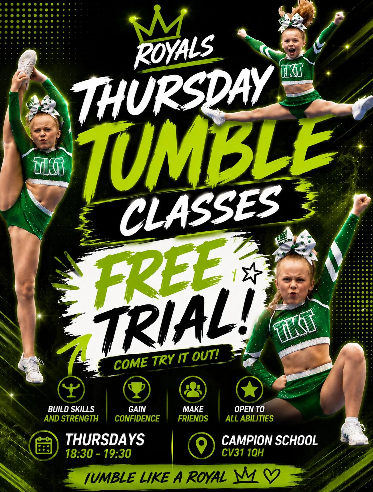 READY TO LEVEL UP YOUR TUMBLING? 💚🤸&zwj;♀️

Whether you&rsquo;re brand new or looking to improve your skills, our Thursday Tumble Classes are the perfect place to build confidence, technique and strength in a fun, supportive environment ✨

✅ Learn 
