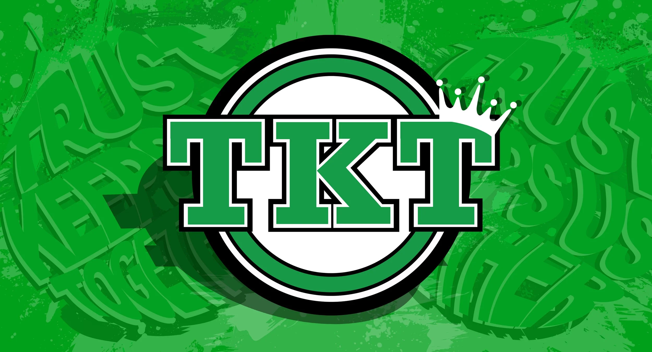 Green background with text and design elements, featuring large green letters 'TKT' with a crown and circular emblem.