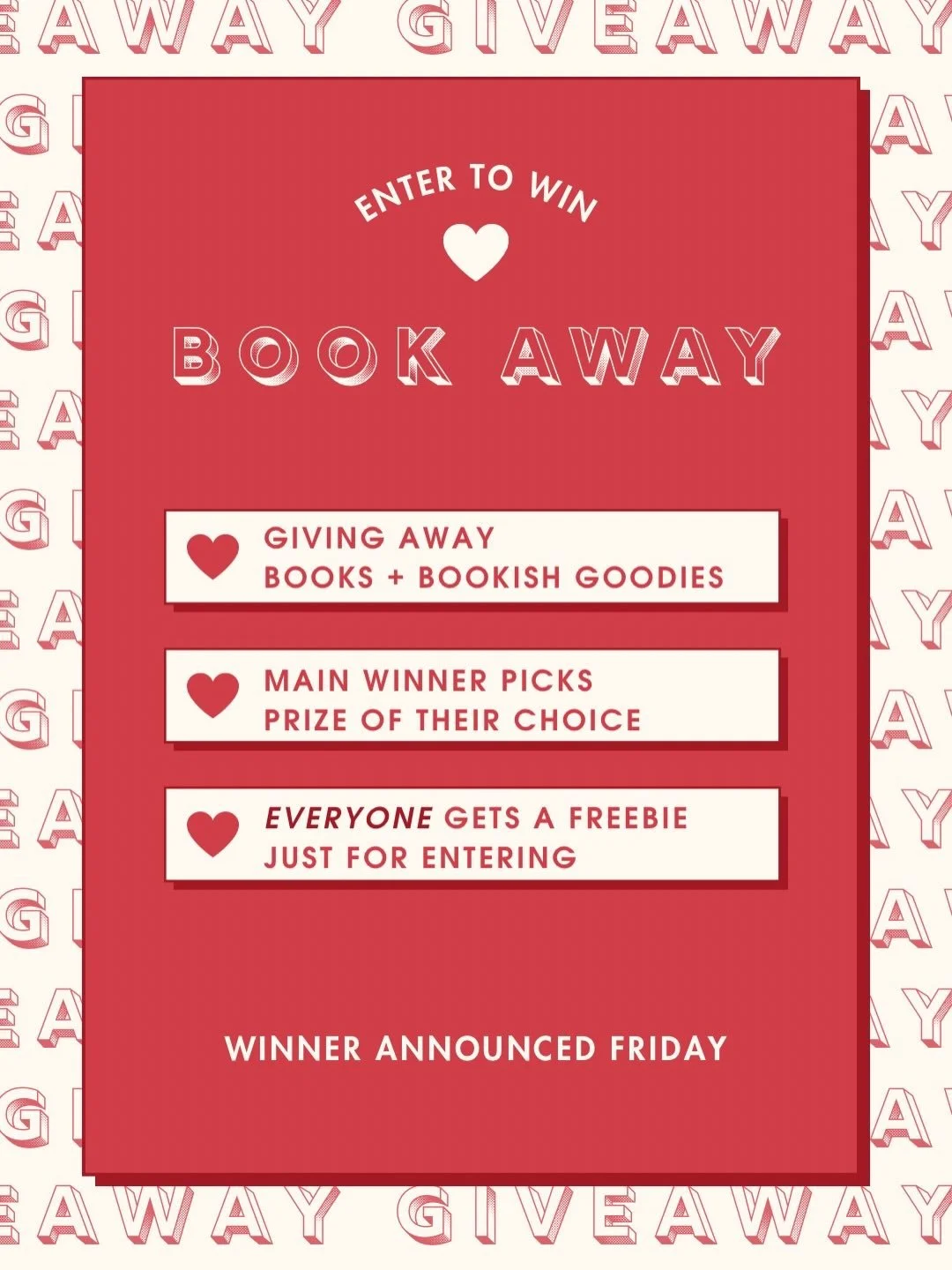 🚨 BOOK AWAY 🚨

I&rsquo;m giving away: 📚 books 🖤 bookish goodies 🔥 every entry gets a freebie, one winner gets to choose their prize!

HOW TO ENTER: ✔ sign up for my newsletter at rosevohs.com

Extra entries if you: 🖤 add RAGE to your Goodreads 
