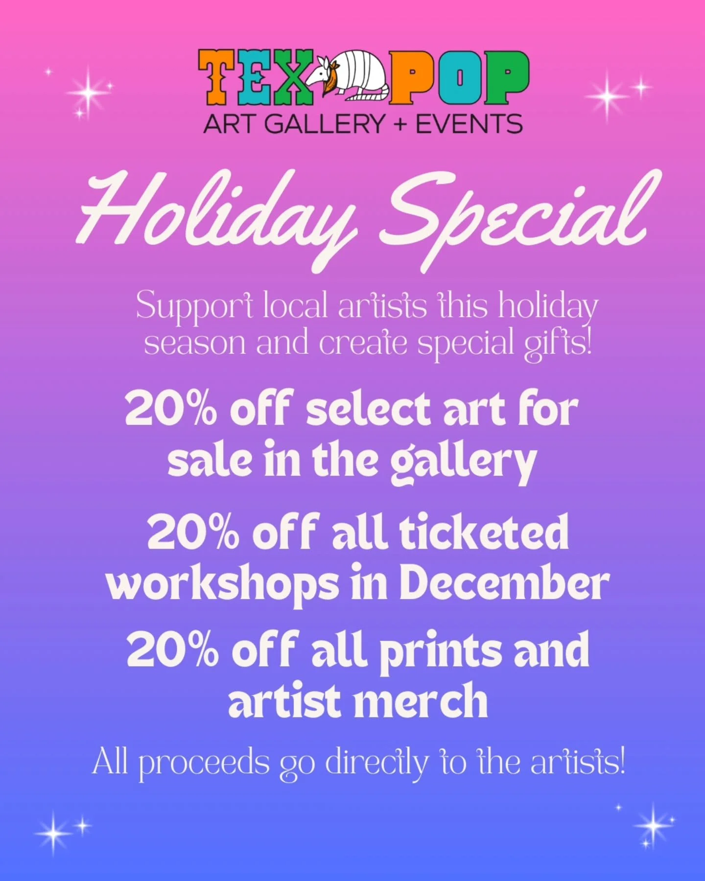 🎨 Support local artists and create special gifts! 🖼

🎅 This holiday season, we're giving back by offering a 20% discount for select art and ticketed workshops for the month of December ❄️

✨️ All proceeds go directly to the artists and workshop ho