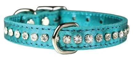 Metallic Turquoise Leather and Crystal Dog Collar