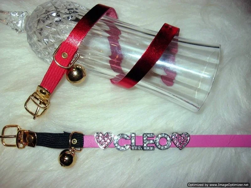 Leather Cat Collar in Metallic Red and Pink with rhinestone letters